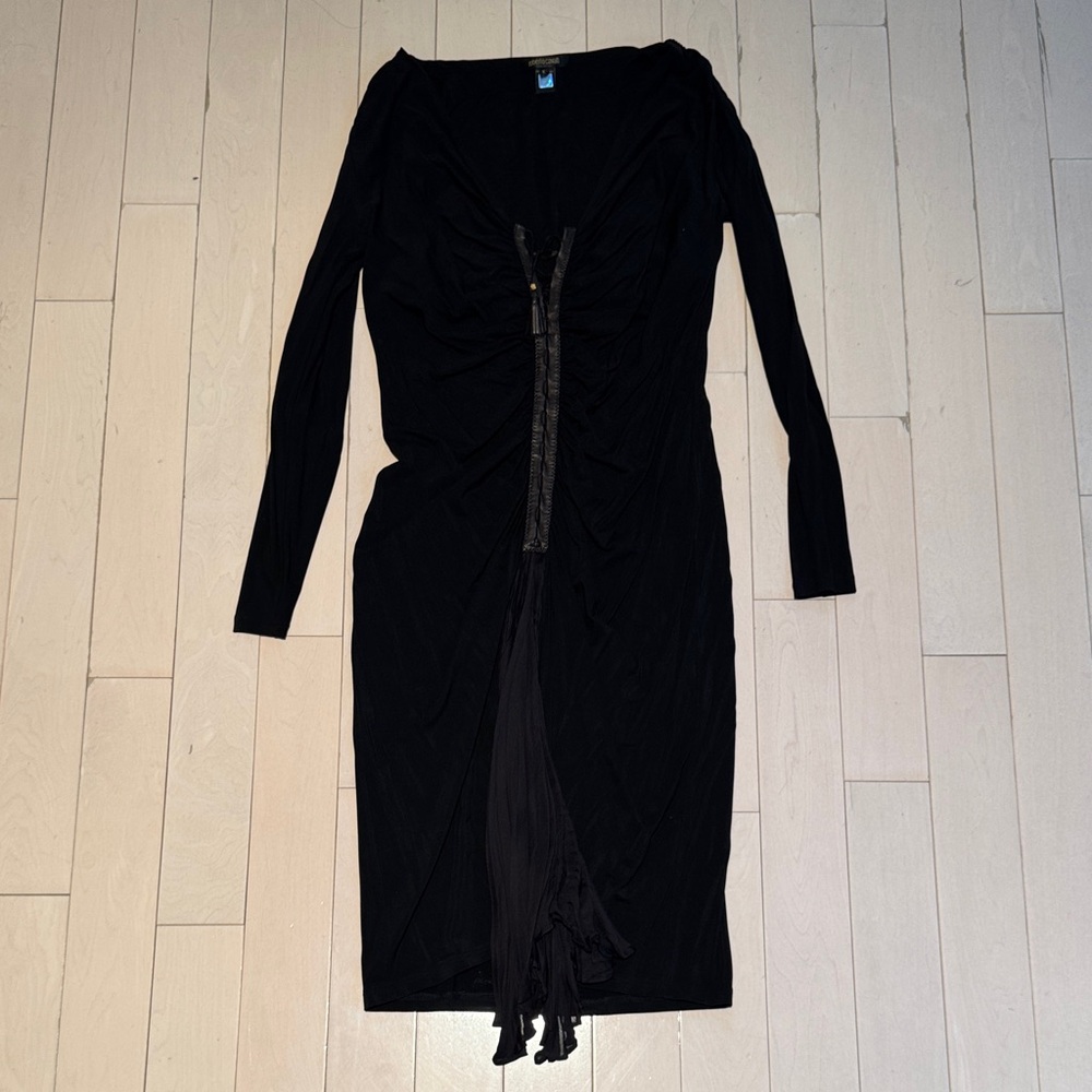 Roberto Cavalli Black Sexy Silk Jersey Long Sleeve Dress with Leather Tassel XL